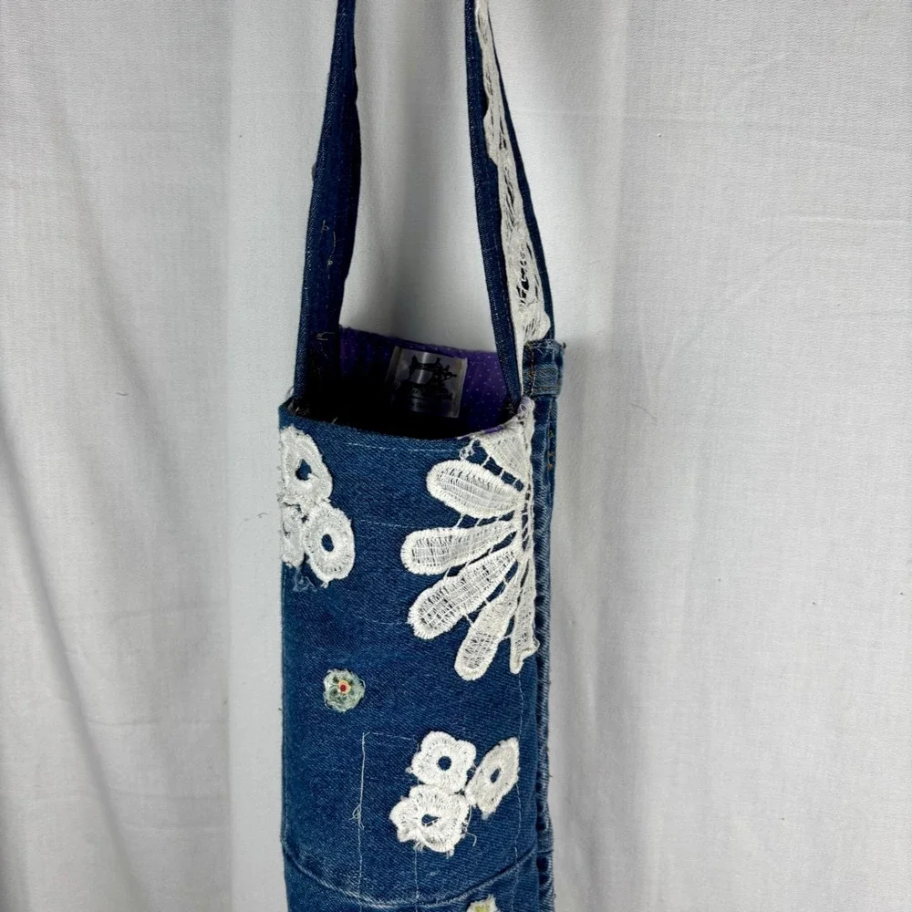 Handmade Denim Wine Tote Bag Floral Patchwork White‎ Lace Embellished